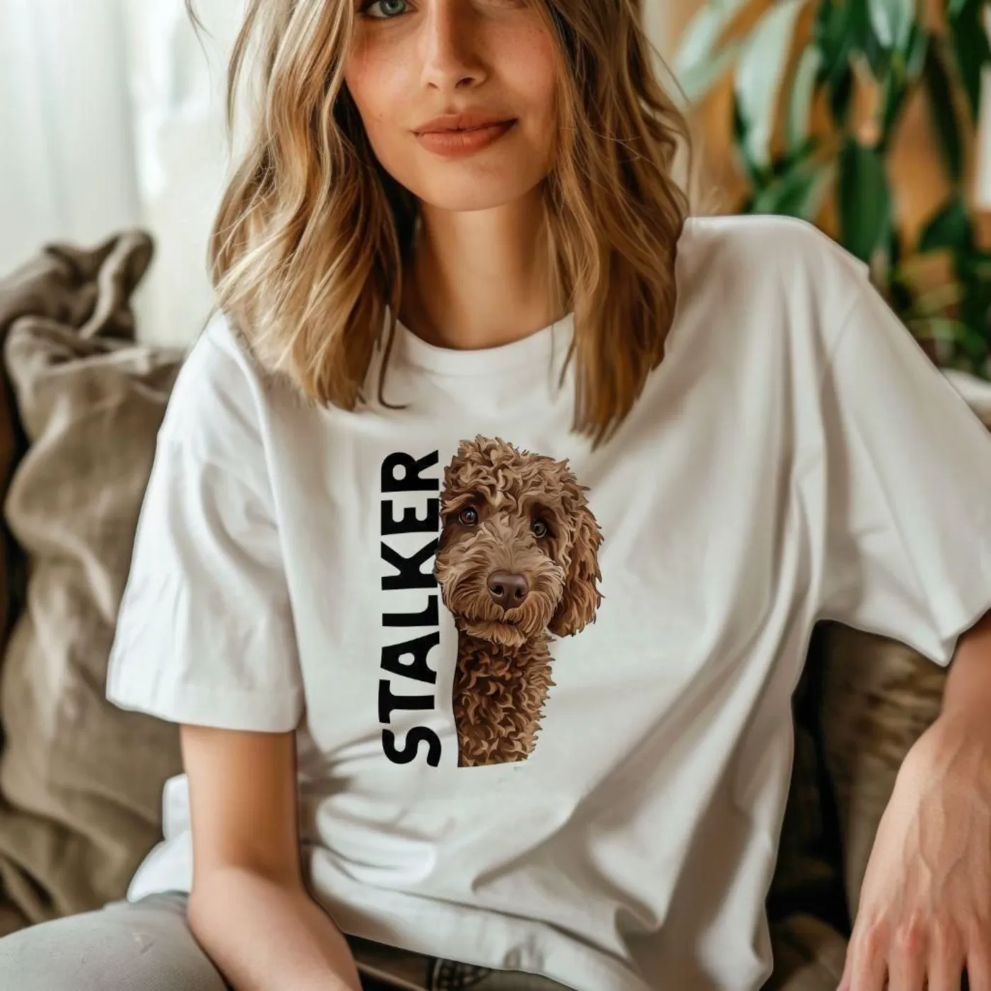 Woman wearing the Drippy Doodles Stalker tee